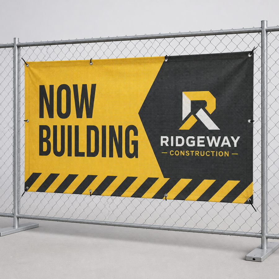 Custom mesh banner zip-tied to a construction fence