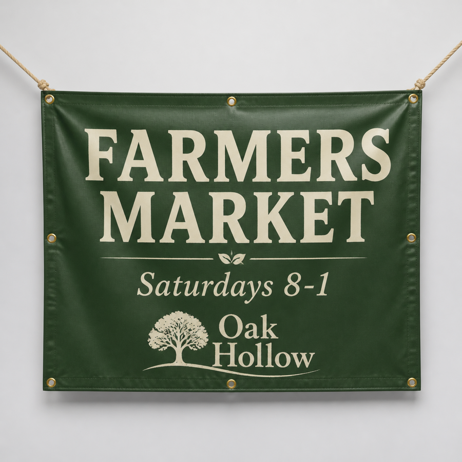 Custom 18oz blockout banner hanging by its grommets