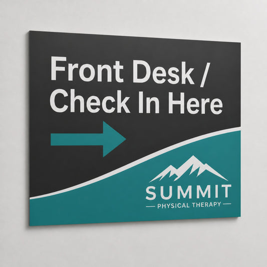 Custom PVC check-in sign mounted flush on a lobby wall