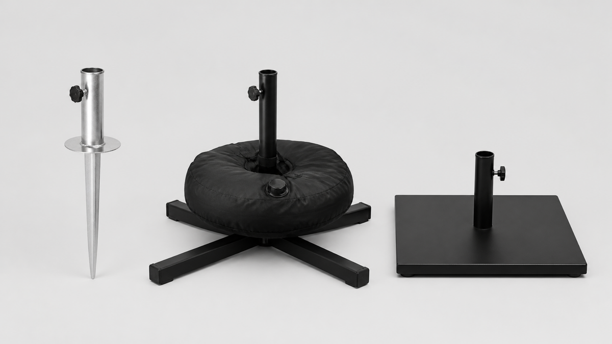 Flag base options: ground stake, cross base with water bag, square base