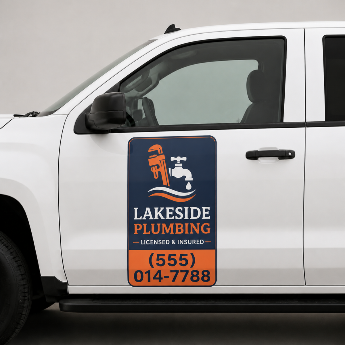 Portrait car door magnet on a white truck