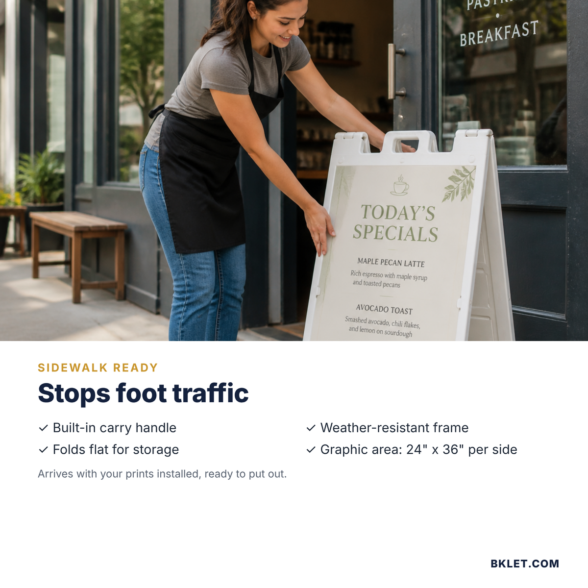 A-frame sign set out on a sidewalk