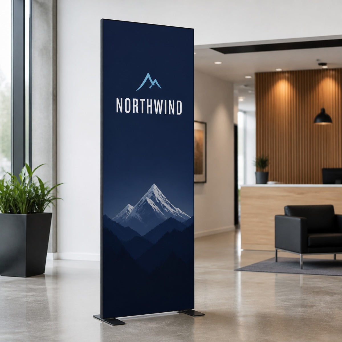 3 ft slim frame SEG fabric display in an office lobby