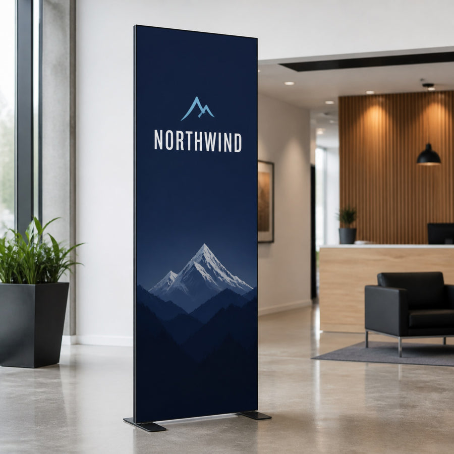 3 ft slim frame SEG fabric display in an office lobby