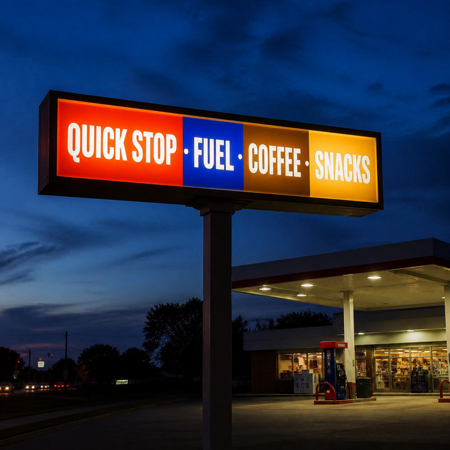 Backlit banner glowing in a roadside lightbox