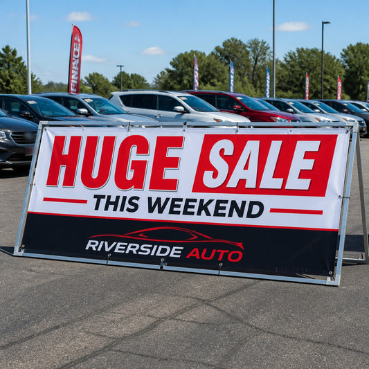 Banner A-frame sign at a car lot