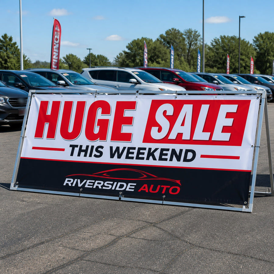 Banner A-frame sign at a car lot