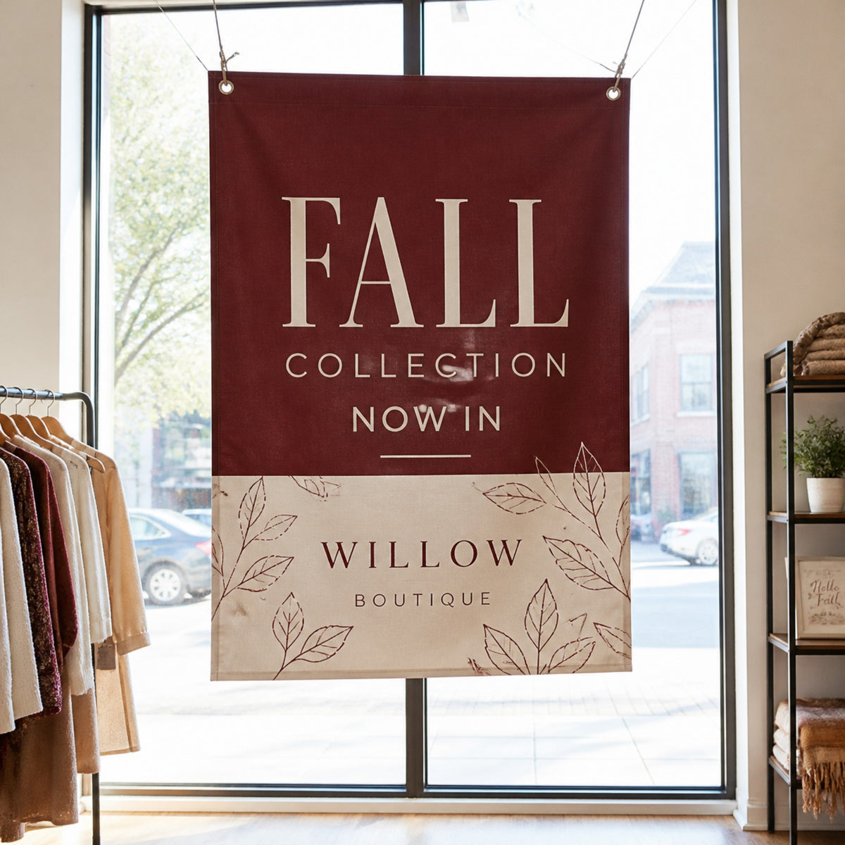 Blockout fabric banner in a bright shop window