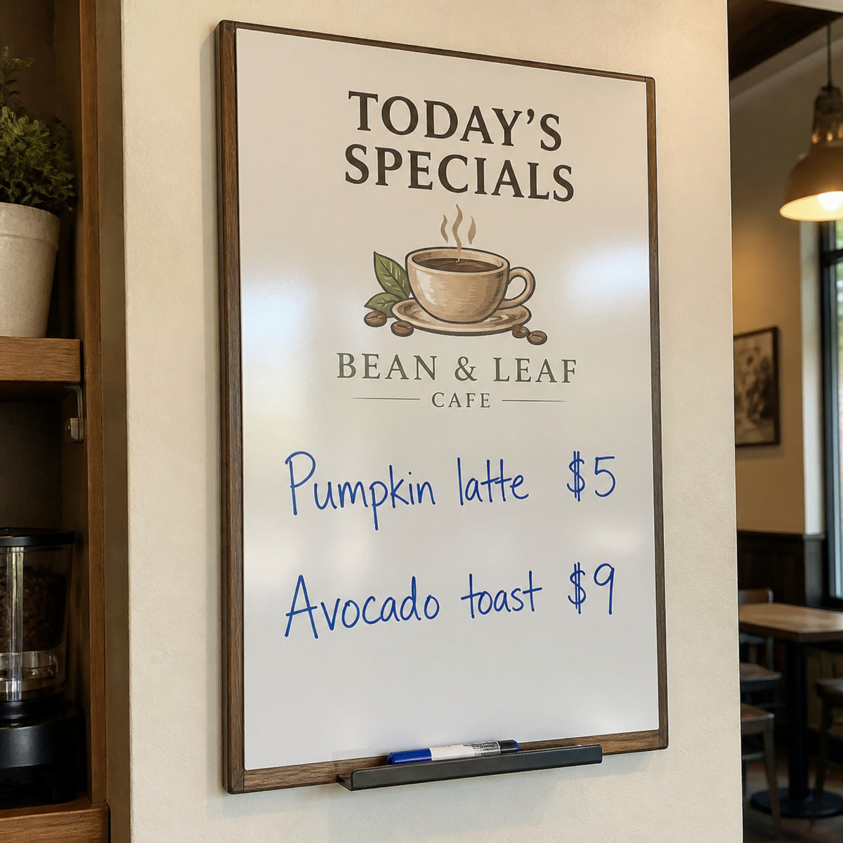 Printed dry erase specials board in a cafe