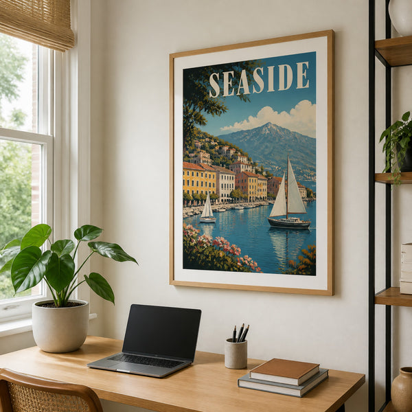 Wood-look framed print in a home office