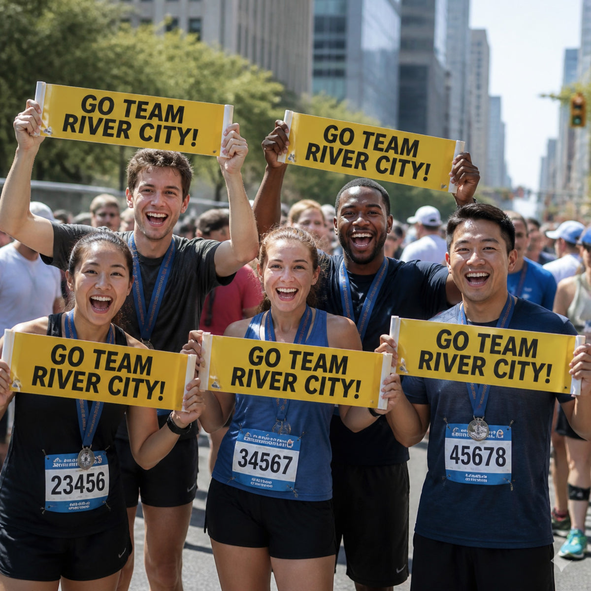 Runners holding hand-held banners