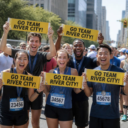 Runners holding hand-held banners