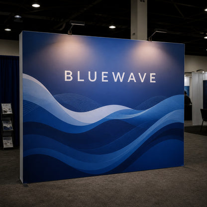 Two LED lights shining on a tension fabric trade show display