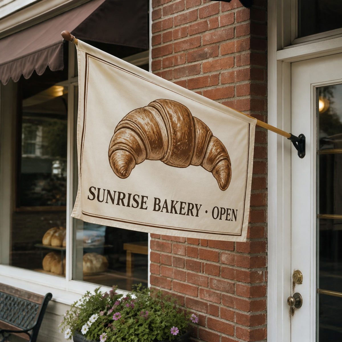 Printed flag on a wall bracket outside a bakery