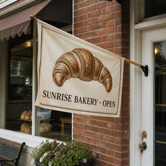 Printed flag on a wall bracket outside a bakery