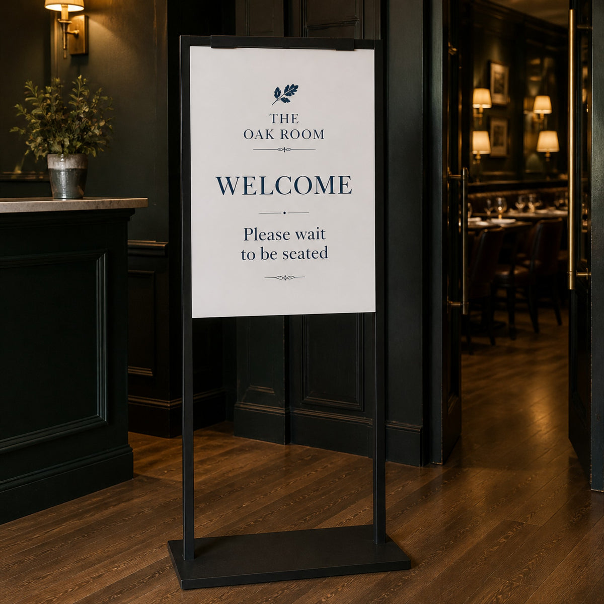 Black poster stand in a restaurant entry