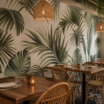 Printed botanical wallpaper in a restaurant