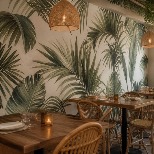 Printed botanical wallpaper in a restaurant