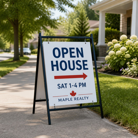 Open house A-frame sign on a sidewalk