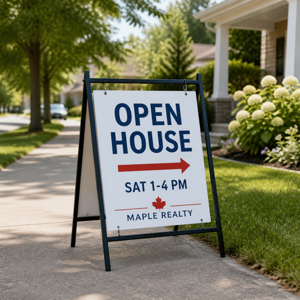 Open house A-frame sign on a sidewalk