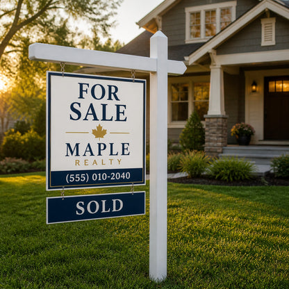 Real estate post sign in a front yard