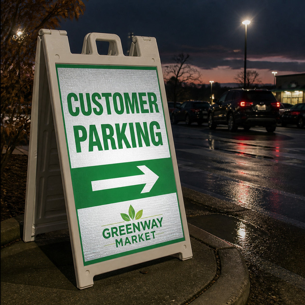 Reflective plastic A-frame sign at dusk
