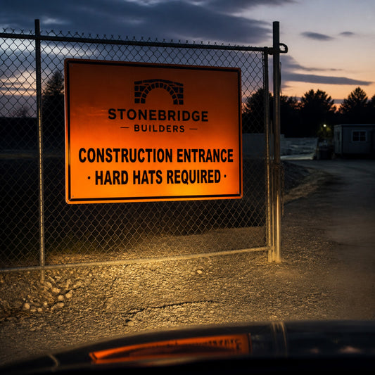 Reflective ACM sign on a fence at dusk