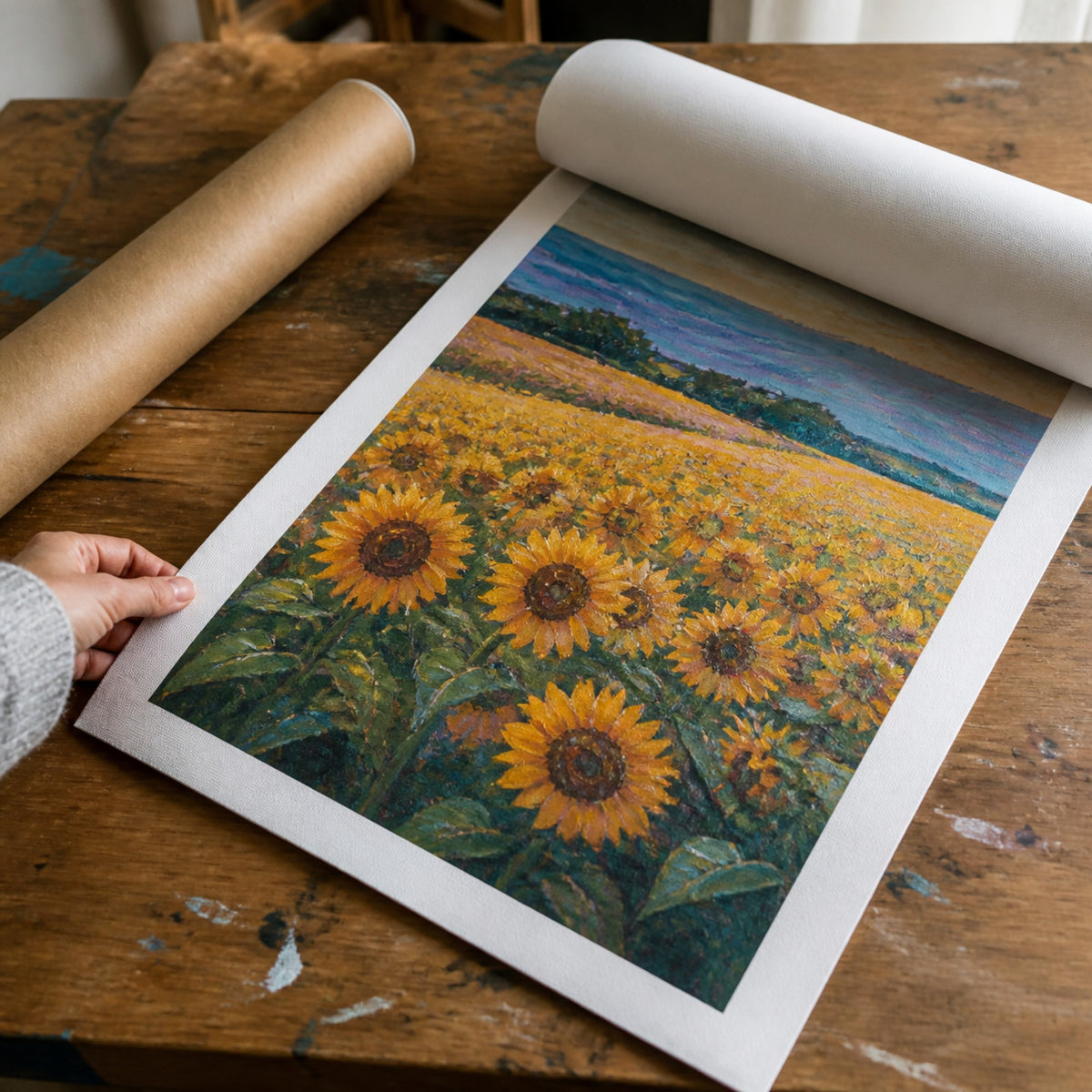 Rolled canvas print unrolled on a table