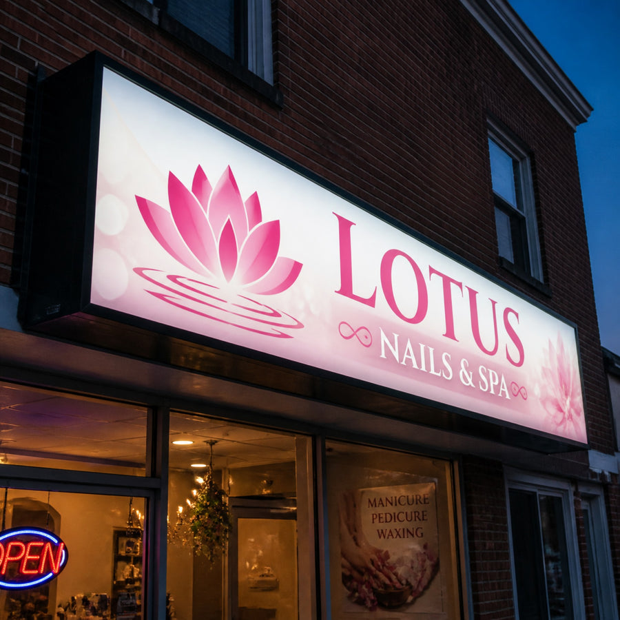 Lit storefront sign face at dusk