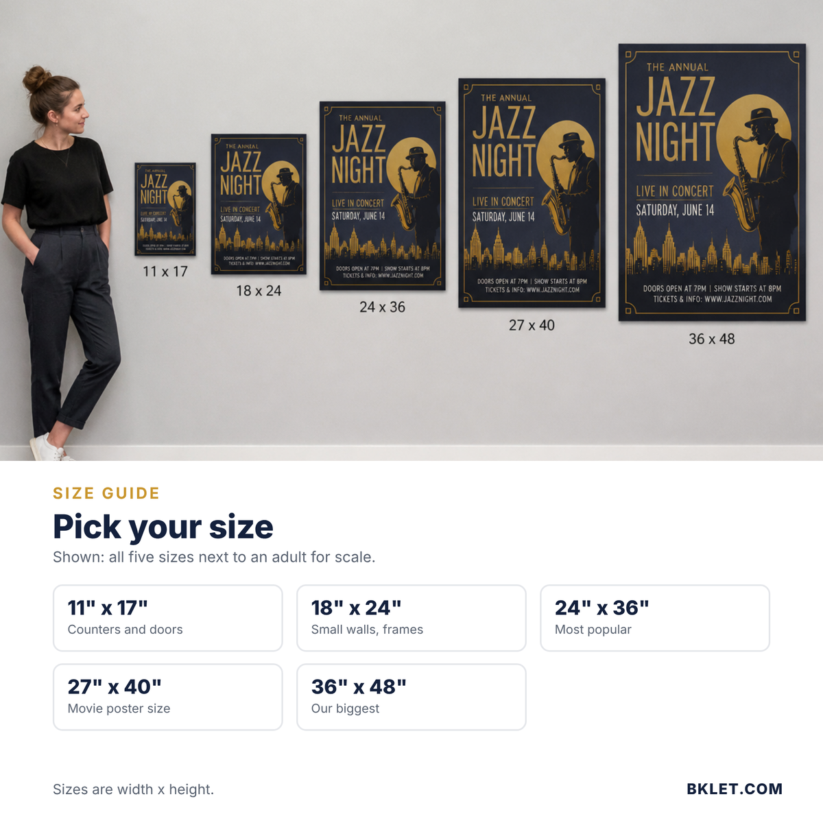 Poster size guide with an adult for scale