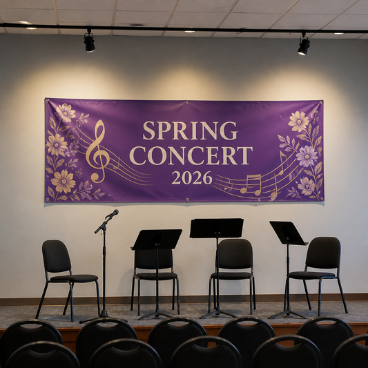 Custom fabric banner behind a stage