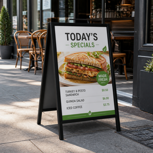 Black steel A-frame sidewalk sign with printed insert