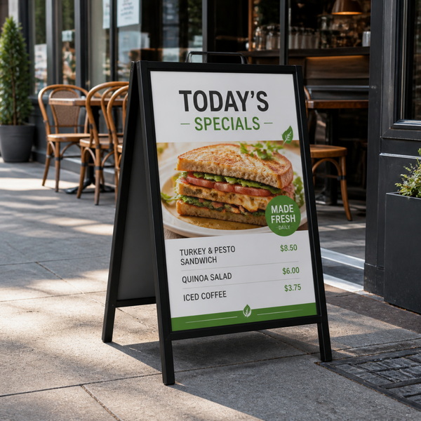 Black steel A-frame sidewalk sign with printed insert
