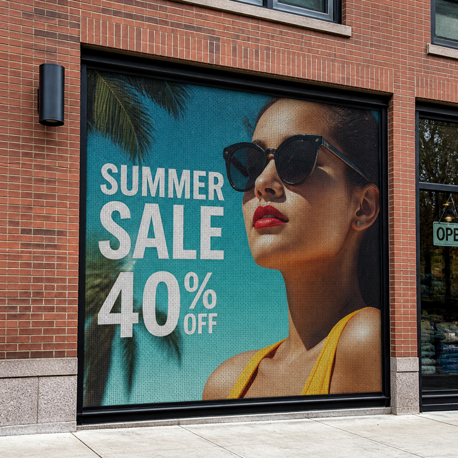 Custom perforated window graphic on a storefront