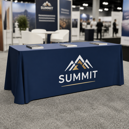 Custom printed table throw on a 6 ft trade show table
