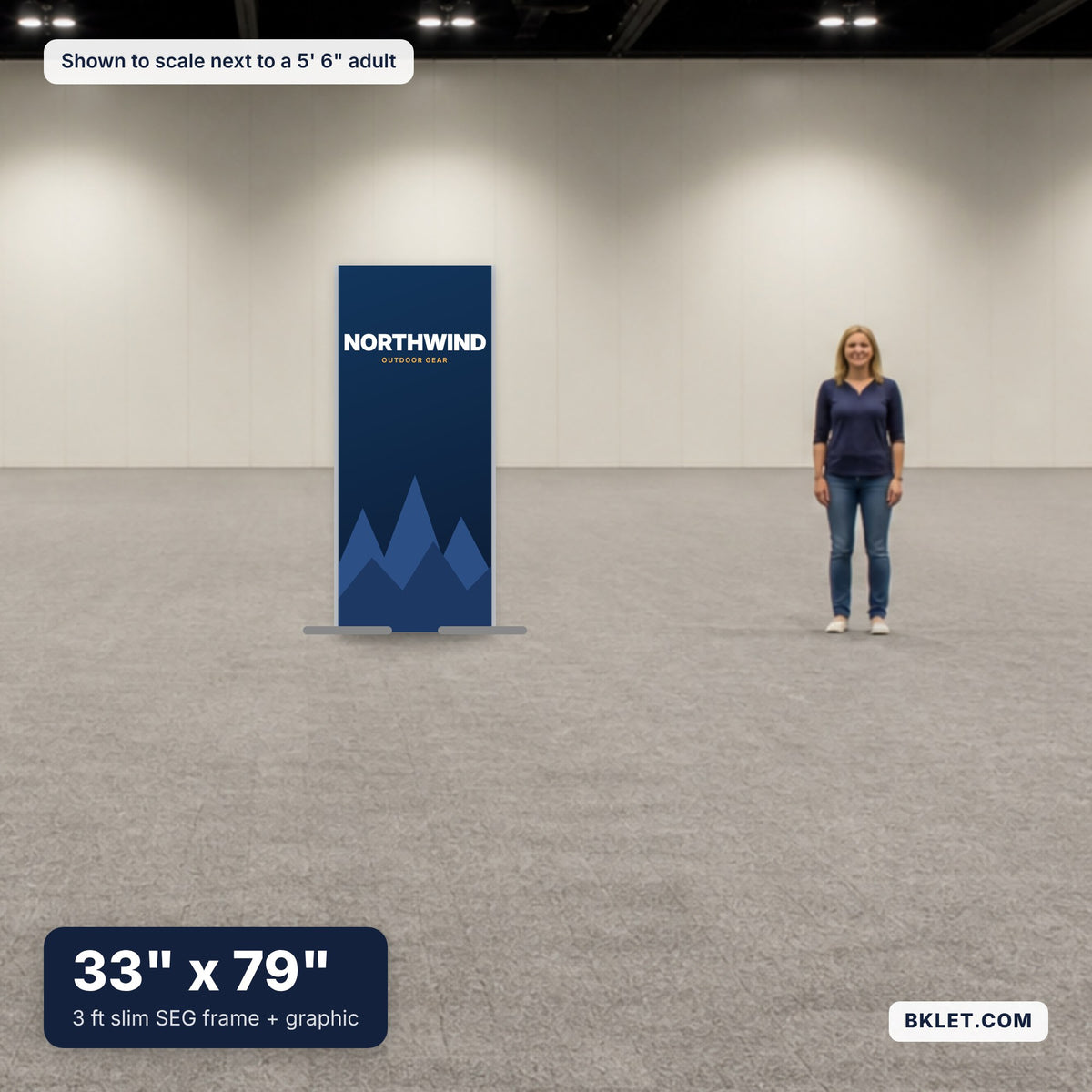 33 x 79 in SEG frame and graphic shown to scale next to an adult