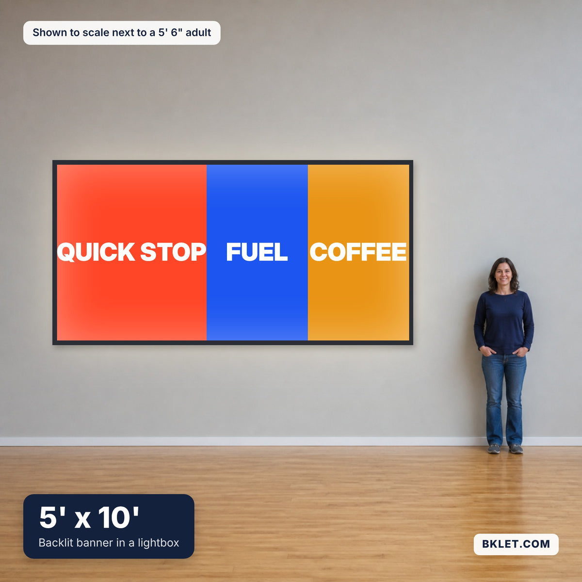 5' x 10' shown to scale next to an adult