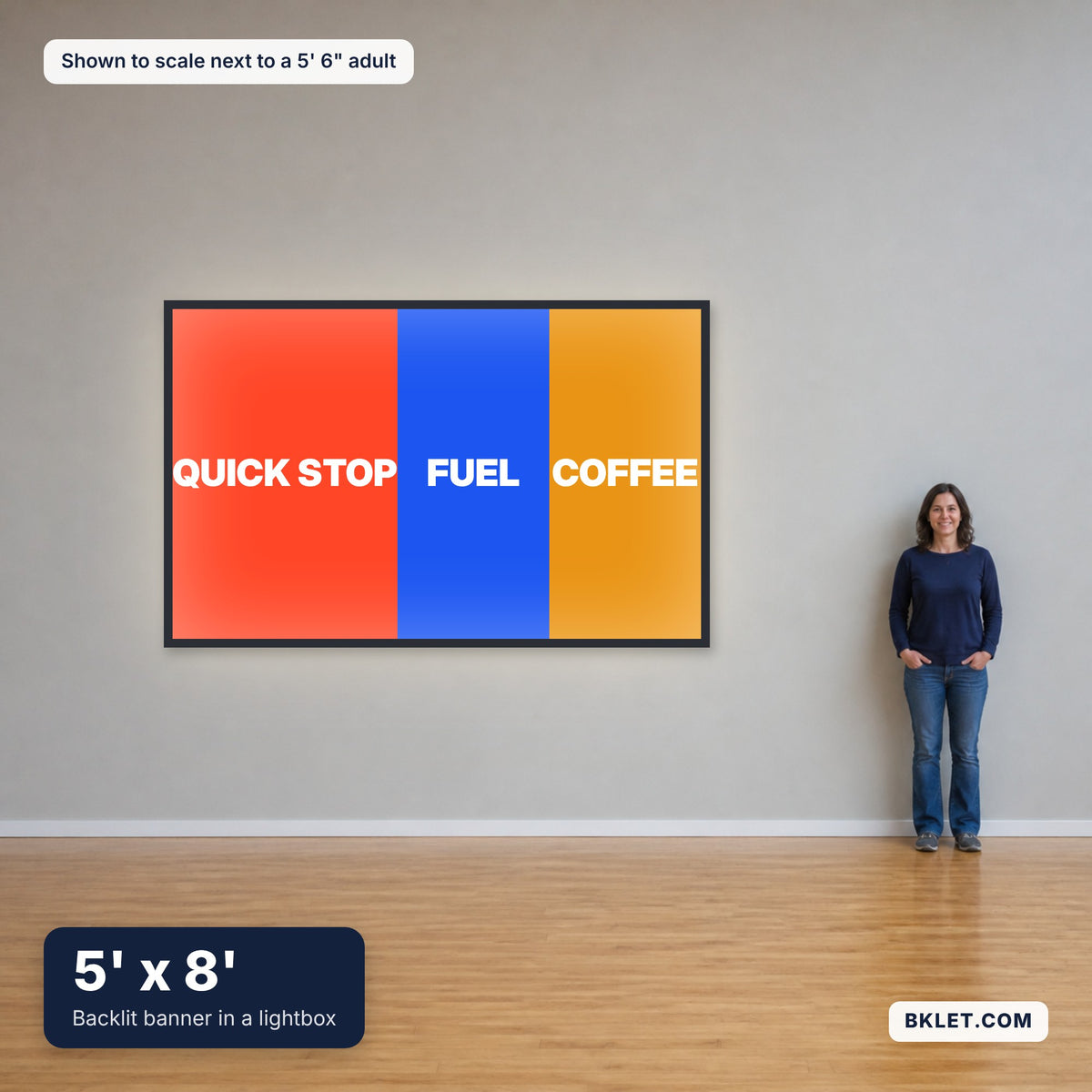 5' x 8' shown to scale next to an adult