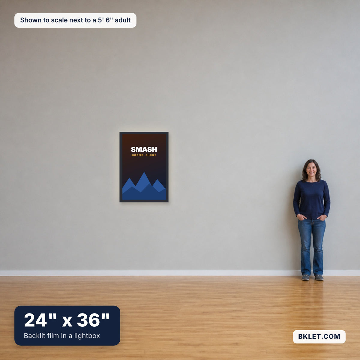 24 x 36 in shown to scale next to an adult