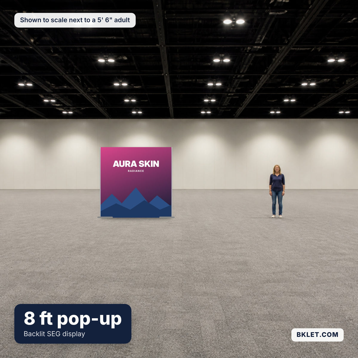 Pop-Up Frame 8 ft shown to scale next to an adult