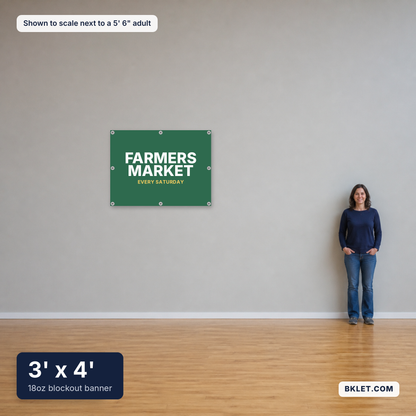18oz blockout banner, 3' x 4', shown to scale next to an adult