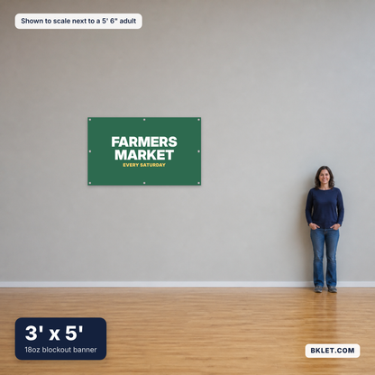 18oz blockout banner, 3' x 5', shown to scale next to an adult