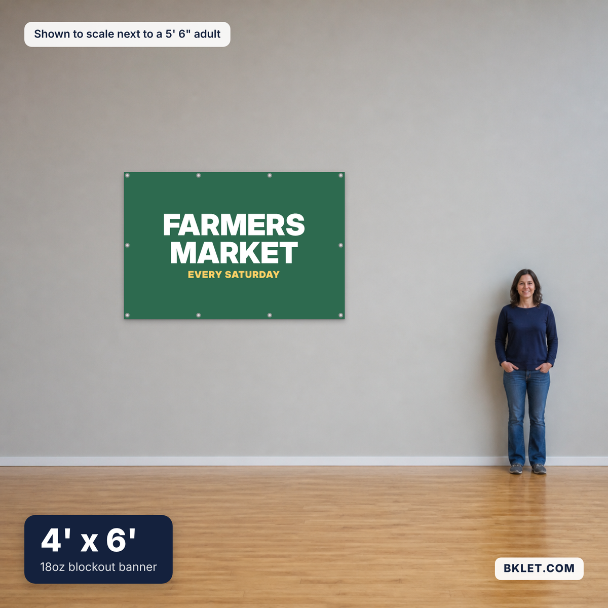 18oz blockout banner, 4' x 6', shown to scale next to an adult