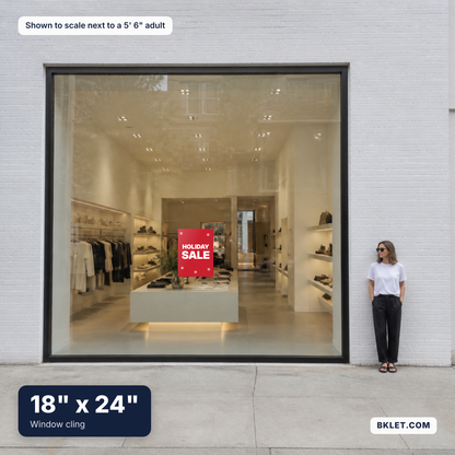 Window cling, 18" x 24", shown to scale next to an adult