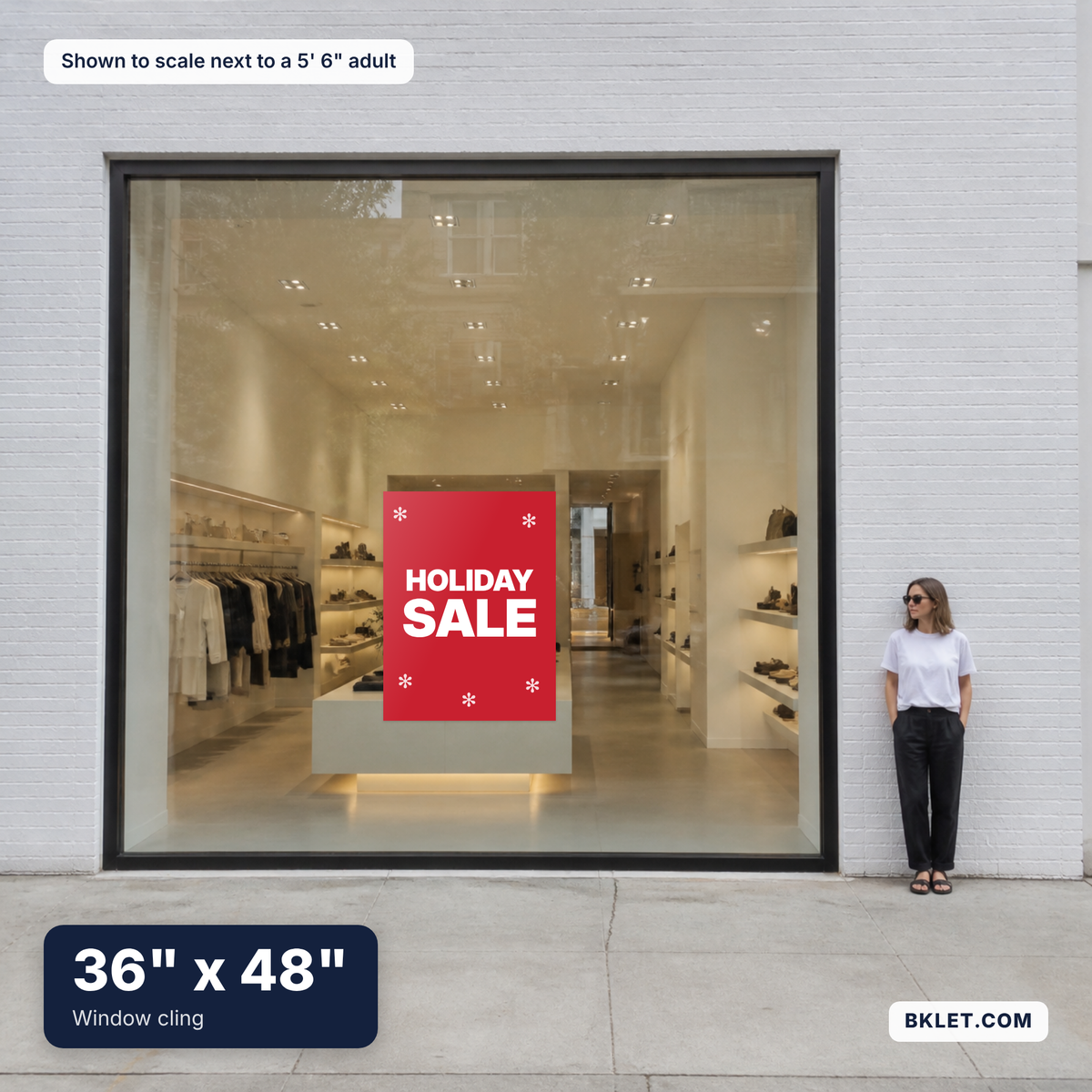 Window cling, 36" x 48", shown to scale next to an adult