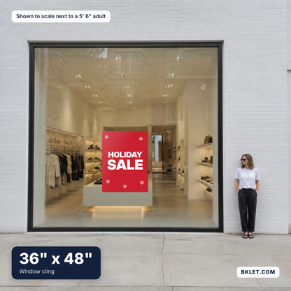 Window cling, 36" x 48", shown to scale next to an adult