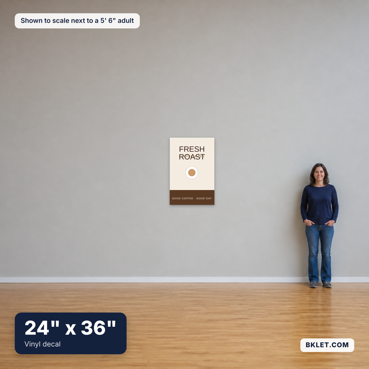 Vinyl decal, 24" x 36", shown to scale next to an adult