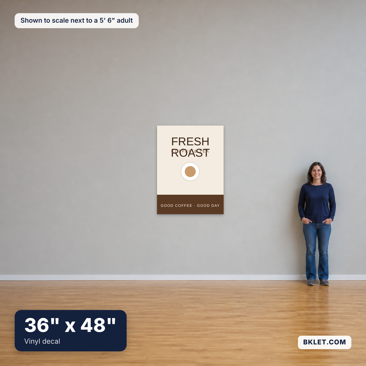 Vinyl decal, 36" x 48", shown to scale next to an adult