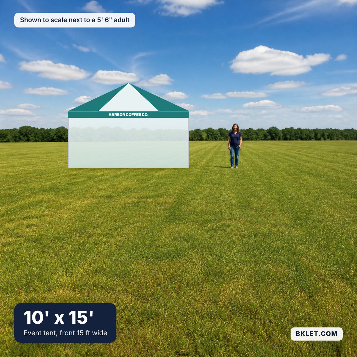 10' x 15' shown to scale next to an adult