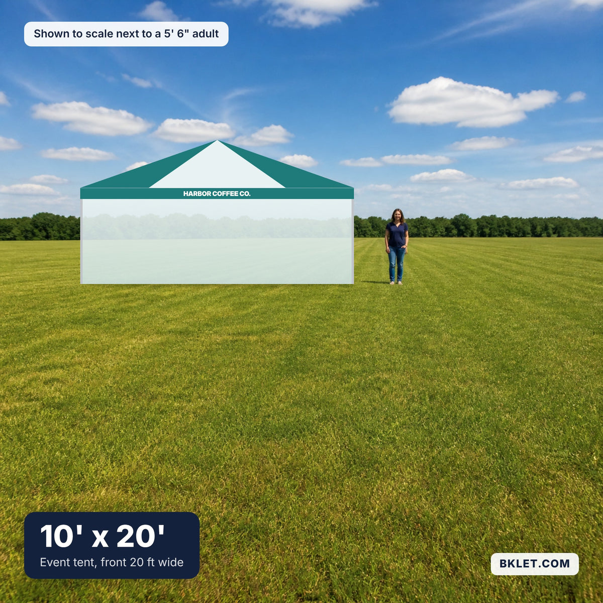 10' x 20' shown to scale next to an adult